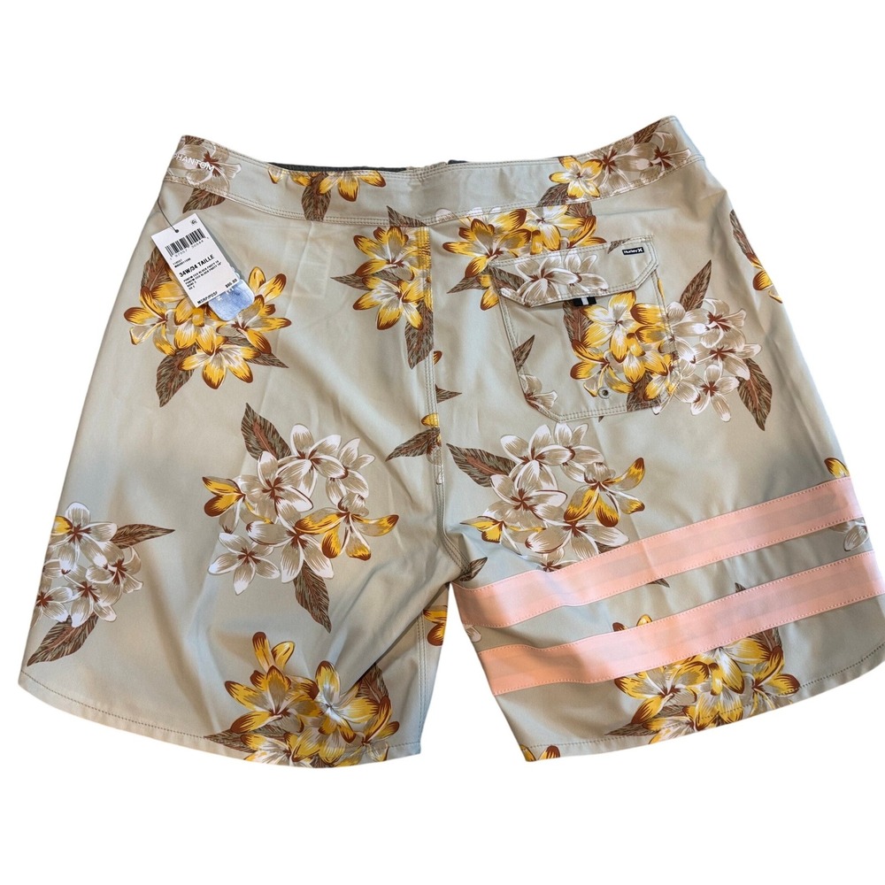 Hurley Phantom Mens Board Shorts Size 34 Floral Tan Pink Stripe Swim Trunks NEW - Picture 2 of 4